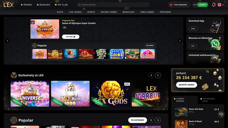 A dark-themed online casino lobby screenshot showing a promotional hero banner, game carousels, a jackpot counter and a right-hand sidebar with app and bonus pa