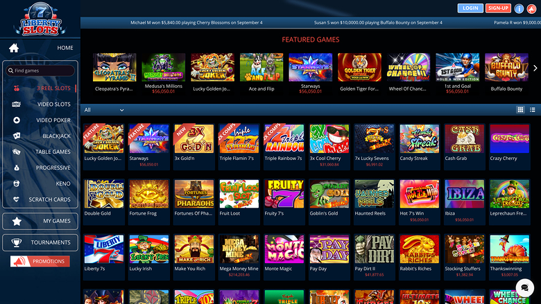 An online casino lobby screen showing a left sidebar menu, a scrolling winners ticker, and a grid of featured and All game tiles.