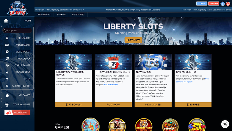 Liberty Slots online casino homepage showing a Statue of Liberty hero banner, a left game-category sidebar, four promotional panels and a row of game tiles.