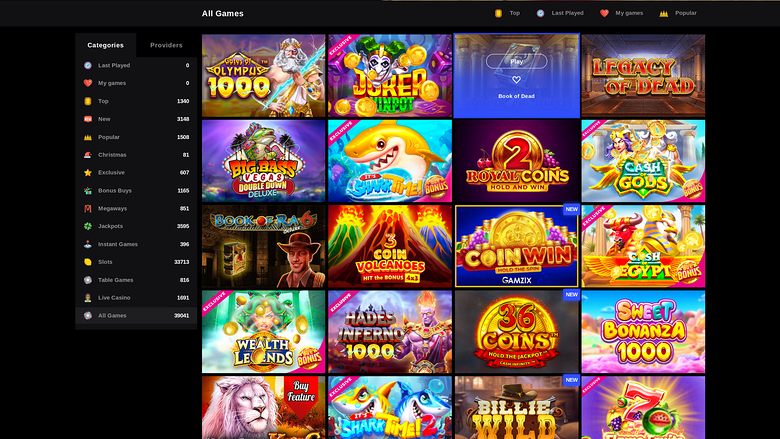An online casino lobby titled 'All Games' showing a left sidebar of categories and providers beside a grid of game thumbnails.