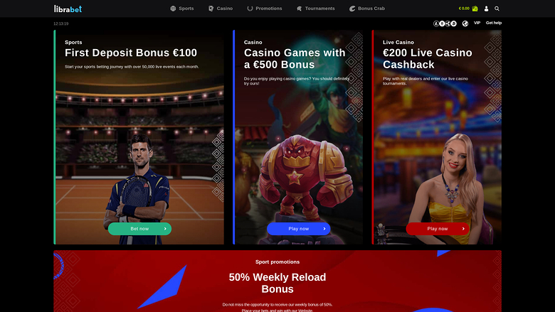 A Librabet casino homepage showing three promotional banners for sports, casino and live casino offers above a sports promotion section.
