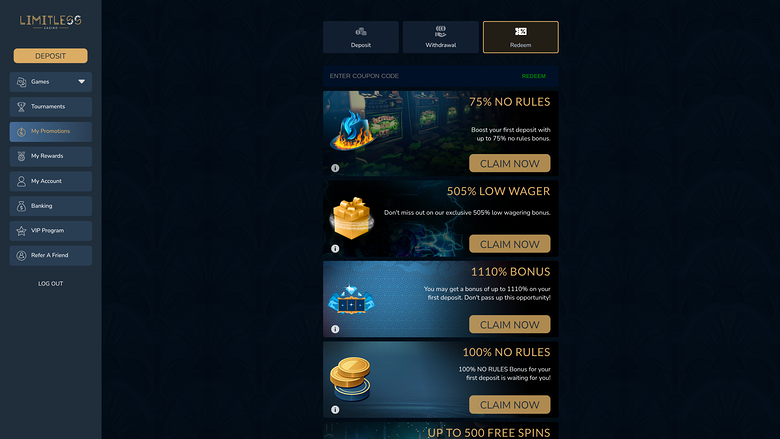 Limitless Casino — Promotions page
