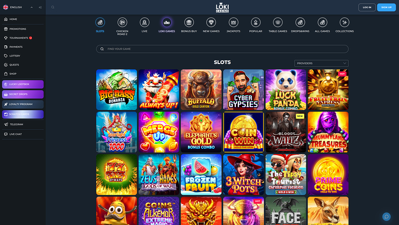 A desktop online casino lobby showing a left sidebar menu, a top category bar, a search field and a grid of slot game tiles under the heading SLOTS.