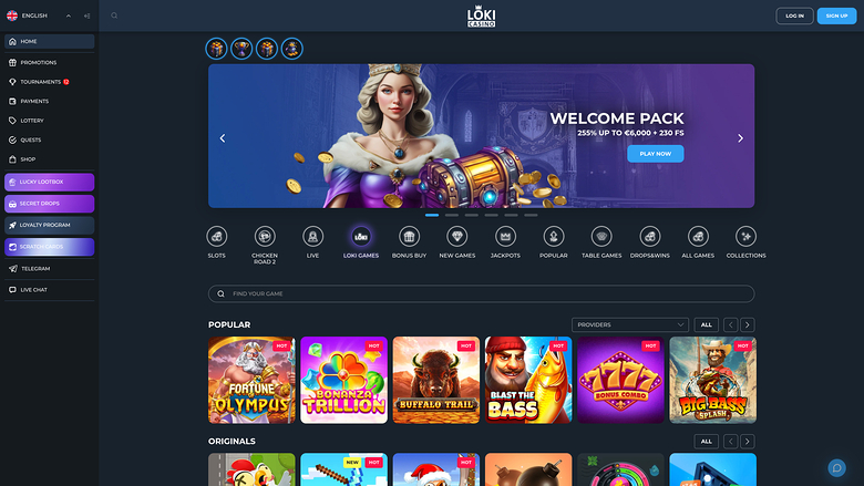 Loki Casino lobby screen showing a welcome pack banner, category icons, a game search bar and rows of game tiles.