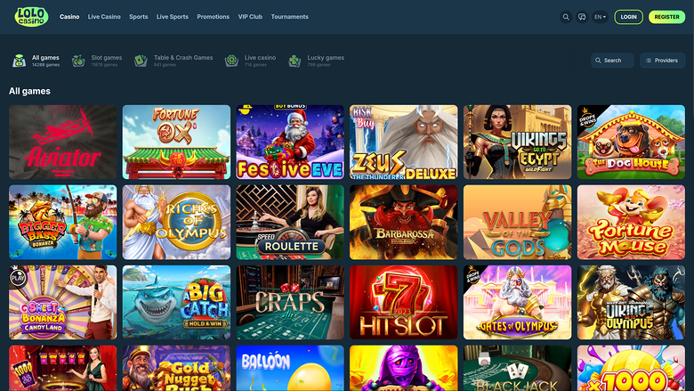 An online casino lobby page showing an 'All games' grid of game tiles beneath a top navigation bar and category filters.
