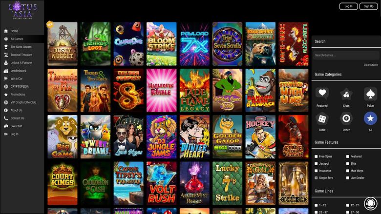 An online casino lobby screenshot showing a grid of game thumbnails with a left sidebar menu and a right-hand search and category panel.