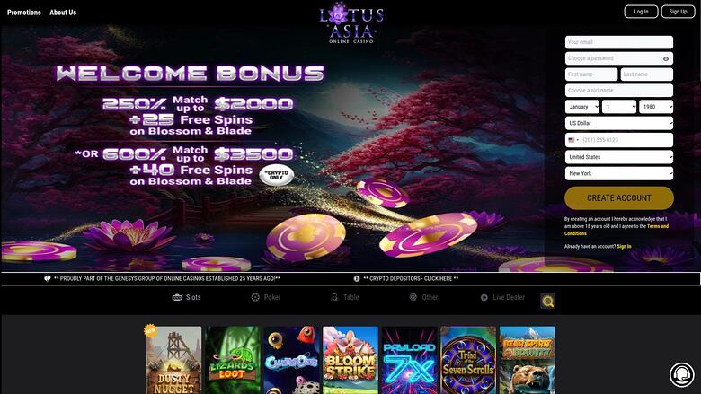 A casino landing page shows a 'Welcome Bonus' hero banner with a registration form on the right and a row of game tiles below.