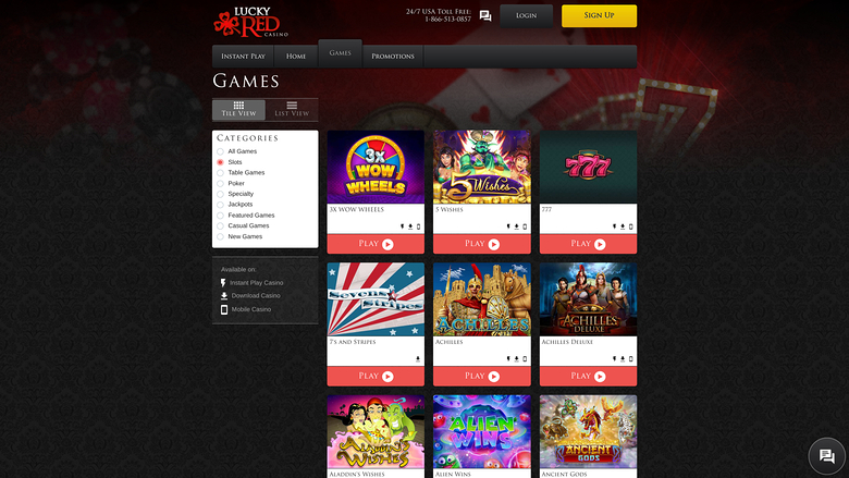 A 'GAMES' lobby page on the Lucky Red Casino site showing a grid of game tiles with a left-hand category sidebar and top navigation.
