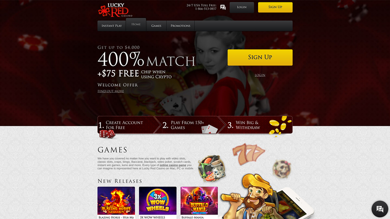 Lucky Red Casino homepage showing a 400% match welcome offer, a three-step sign-up guide, and a New Releases game row.