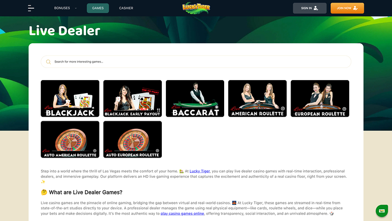 Lucky Tiger Casino — Live dealer lobby