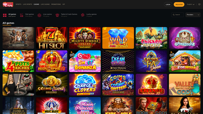 A casino lobby page shows a grid of game tiles under an 'All games' heading with category tabs above.