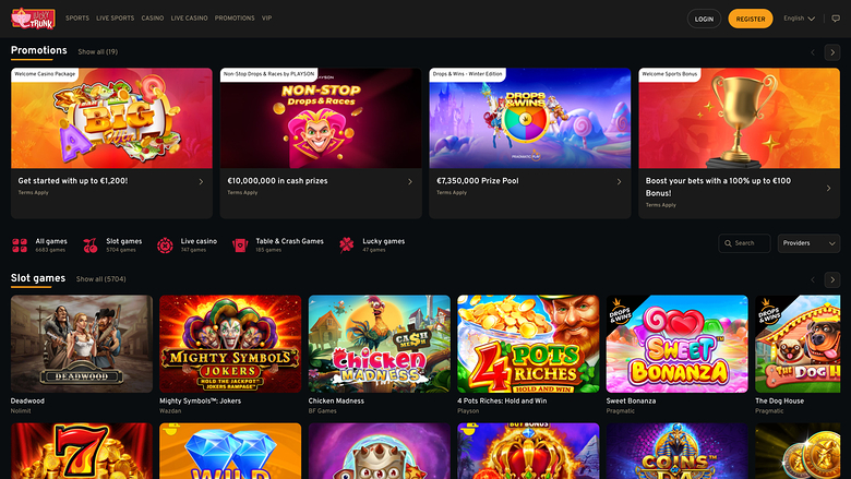 A casino lobby page shows a promotions carousel above category tabs and a grid of slot game tiles.