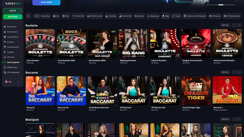 LuckyElf Casino — Live dealer lobby