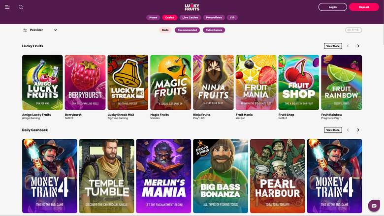 An online casino lobby screen showing a 'Lucky Fruits' game row and a 'Daily Cashback' row beneath a purple header.