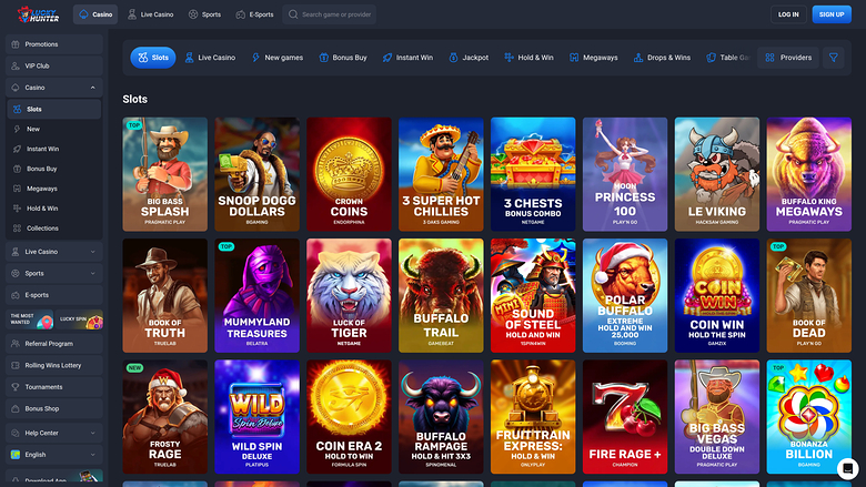 An online casino lobby screenshot showing a 'Slots' game grid with a left sidebar menu and a top navigation bar.