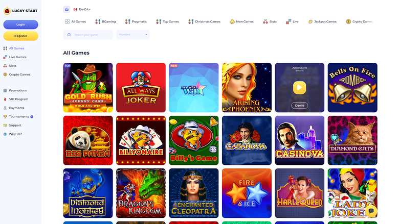 An online casino lobby showing an 'All Games' grid of game tiles with a left sidebar menu and top filter bar.