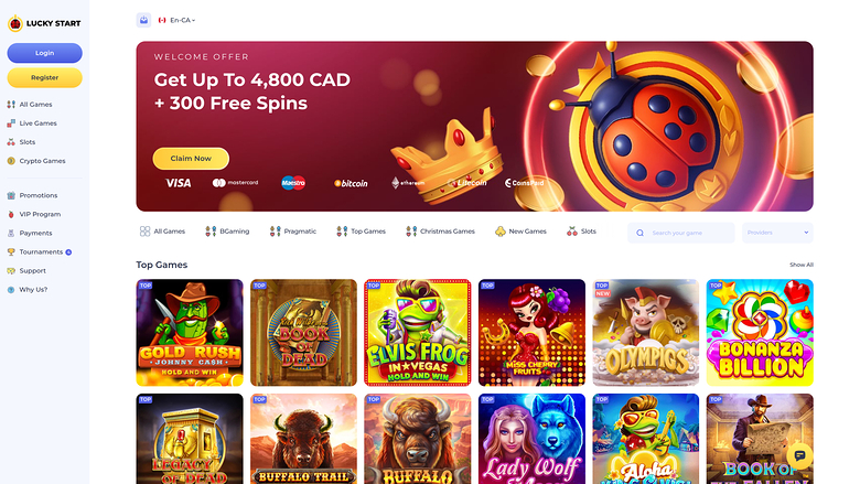 An online casino lobby shows a welcome offer banner and a grid of game tiles under a 'Top Games' heading.