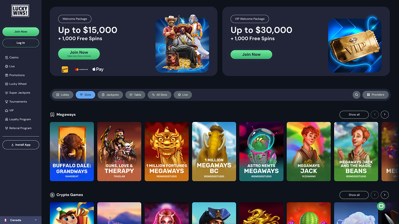 An online casino lobby shows two welcome bonus banners, a category filter bar, and rows of game tiles under Megaways and Crypto Games headings.