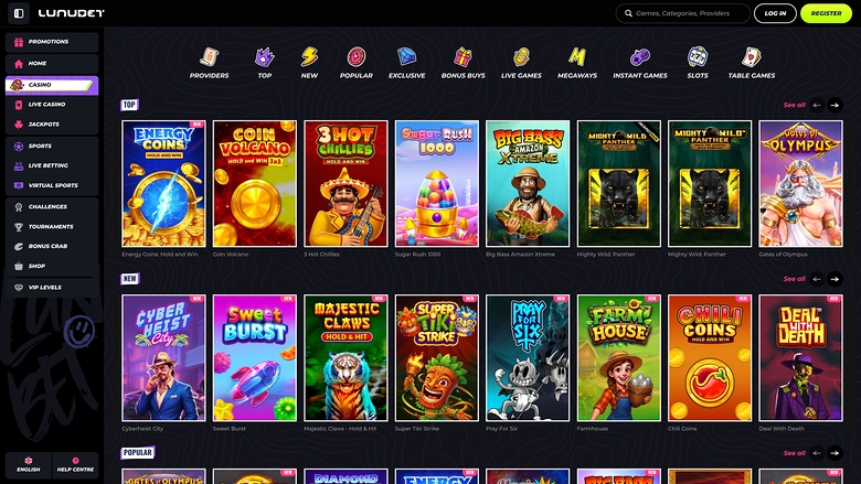 A Lunabet casino lobby screen showing a dark-themed game grid with a left sidebar, top navigation icons, and rows of game tiles.