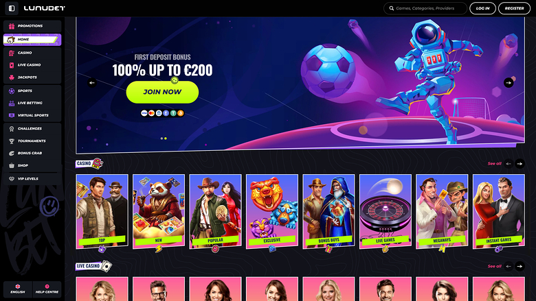 Lunabet casino lobby showing a first deposit bonus banner and rows of game tiles under Casino and Live Casino headings.