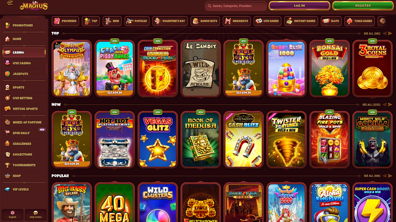 An online casino lobby page for 'Magius' showing game tiles arranged in Top, New and Popular rows with a left sidebar menu and a top navigation bar.