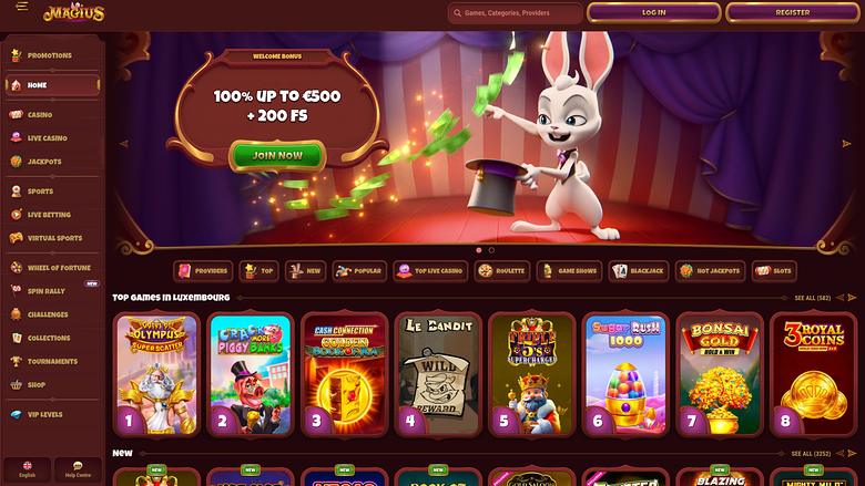 An online casino lobby screen for 'Magius' showing a welcome bonus banner and a row of numbered game tiles under a 'Top Games in Luxembourg' heading.