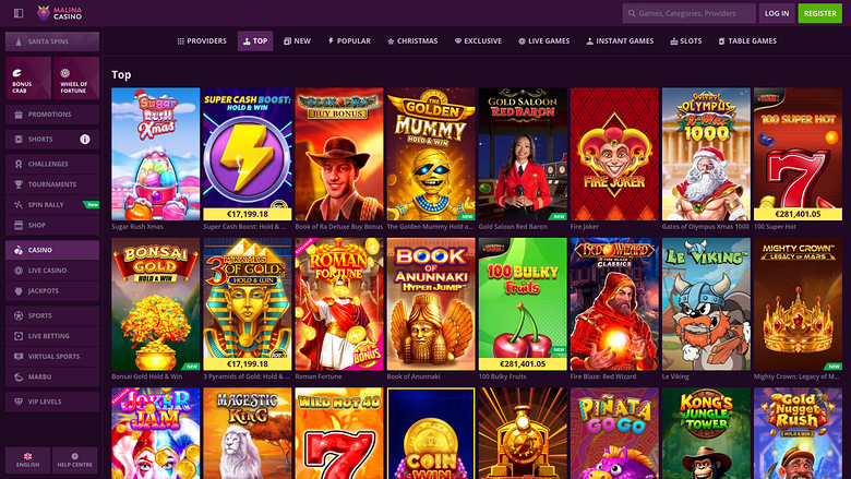 An online casino lobby screenshot showing a left sidebar menu, a top navigation bar with category tabs, and a grid of game tiles under a 'Top' heading.