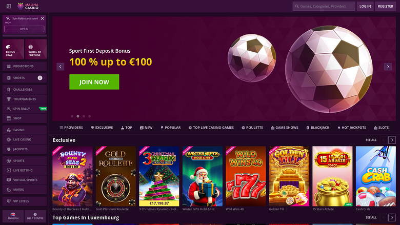 A desktop online casino lobby shows a sports bonus hero banner above a row of game tiles under an Exclusive heading.
