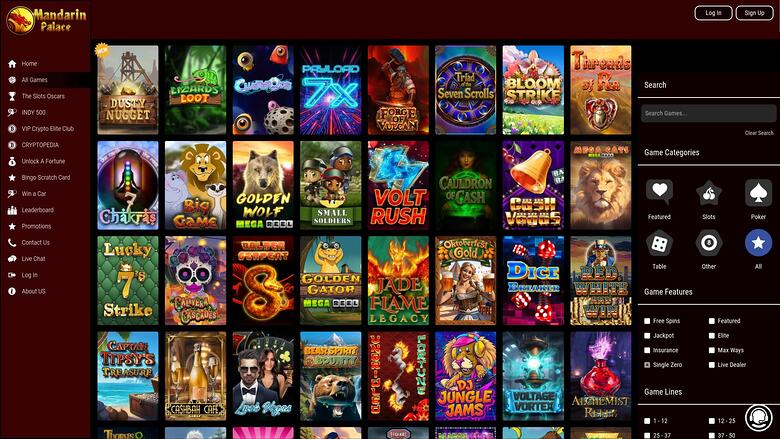 An online casino lobby screen for Mandarin Palace showing a grid of game thumbnails with a left sidebar menu and a right sidebar of search and category filters.