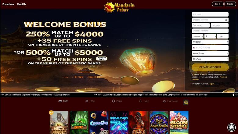 An online casino landing page for Mandarin Palace shows a welcome bonus offer beside a registration form and a row of game tiles.