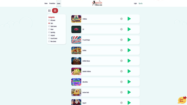 A casino lobby page showing a left-hand category menu and a vertical list of game rows with thumbnails and green play buttons.