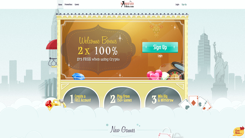 A casino landing page shows a New York-themed welcome bonus banner with a sign-up prompt and a New Games section below.