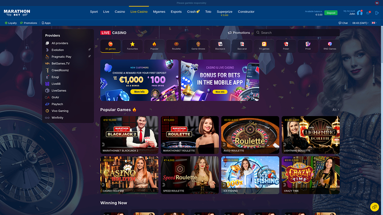 MarathonBet Casino — Live dealer lobby