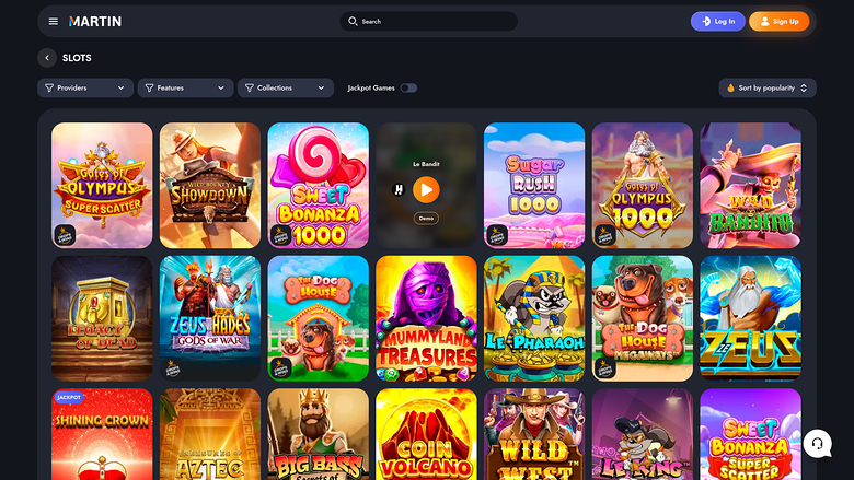 A slots lobby screen on the MARTIN online casino site showing a grid of game tiles with filter controls above.