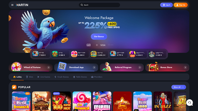 An online casino homepage with a welcome bonus hero banner, category shortcuts, and a row of popular game tiles.