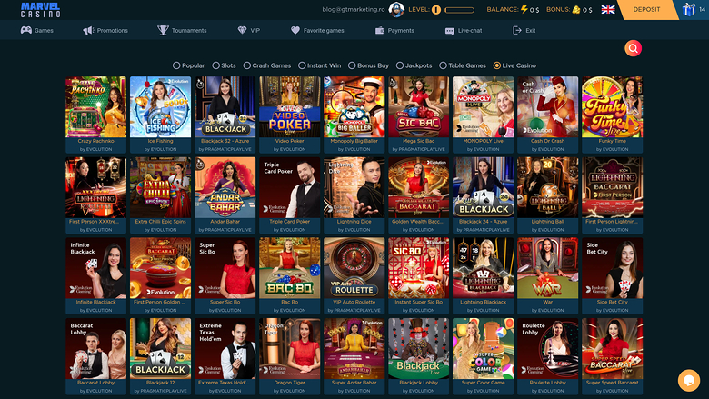 Marvel Casino — Live dealer lobby