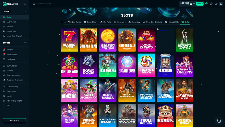 An online casino lobby showing a Slots category grid of game tiles with a left sidebar menu and top search bar.