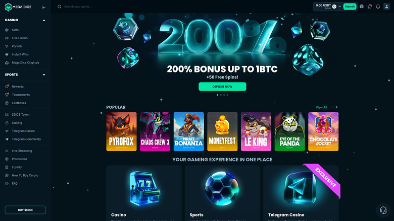 A Mega Dice online casino homepage showing a 200% bonus up to 1BTC promotion, a popular games row, and three category tiles.