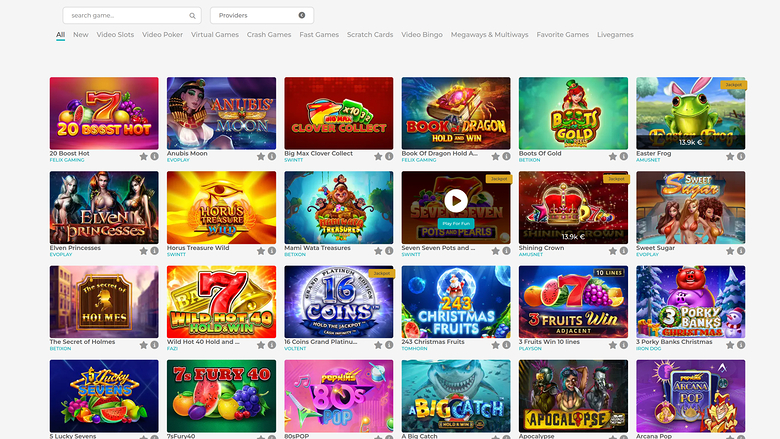 A casino lobby game grid showing 24 colourful game tiles under a search bar and category tabs.