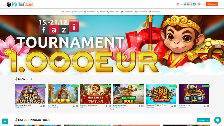 A Merlin Casino lobby page showing a 15-21.12 tournament banner with a 1.000EUR prize and a row of new game tiles.