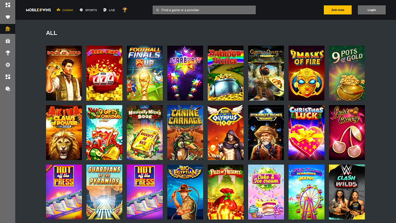 MobileWins Casino — Games lobby on mobile