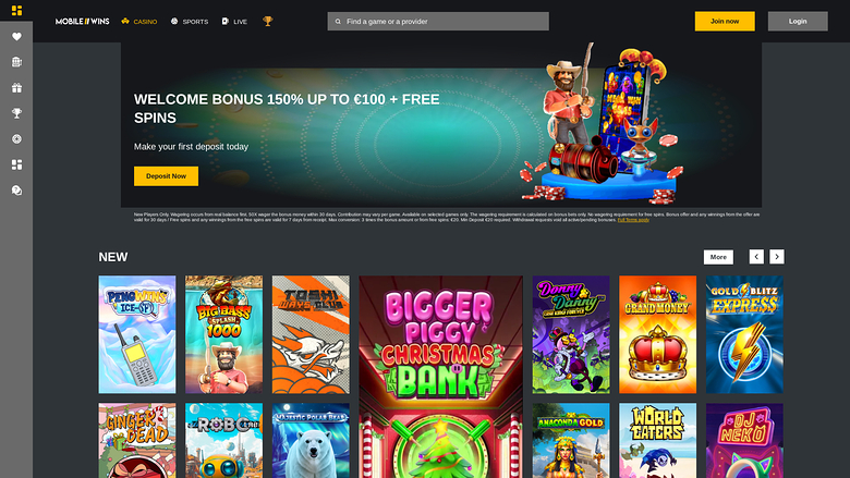 MobileWins Casino — Homepage on mobile