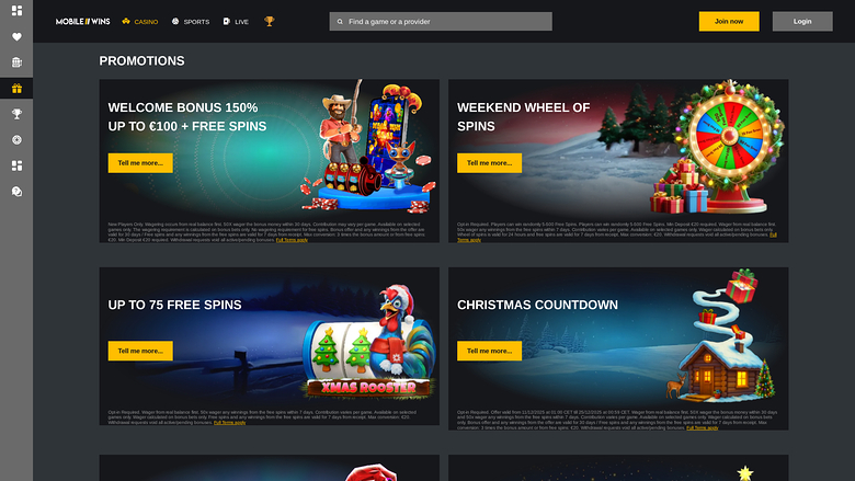 MobileWins Casino — Promotions page on mobile