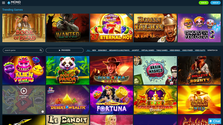 A casino lobby screen titled Trending Games showing a grid of game tiles with a top navigation bar and category filters.