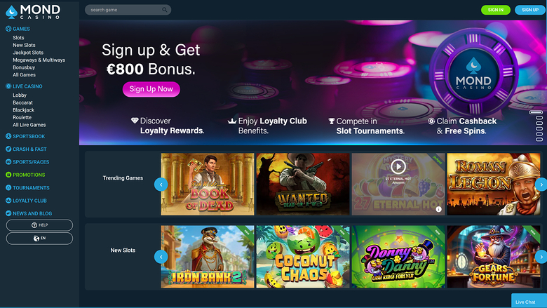 Mond Casino homepage showing a sign-up bonus hero banner above Trending Games and New Slots game tile rows.