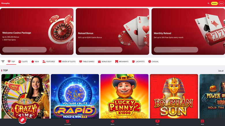 A casino lobby screen showing three promotional banners above a row of game category tabs and a grid of game tiles.