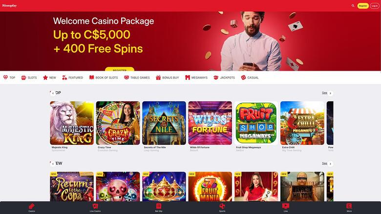 A desktop online casino lobby shows a red welcome banner offering up to C$5,000 plus 400 free spins above a grid of game tiles.