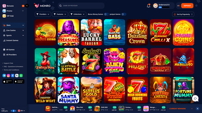 An online casino lobby page for MONRO showing a grid of game tiles with a left sidebar menu and a top bar containing search and account controls.