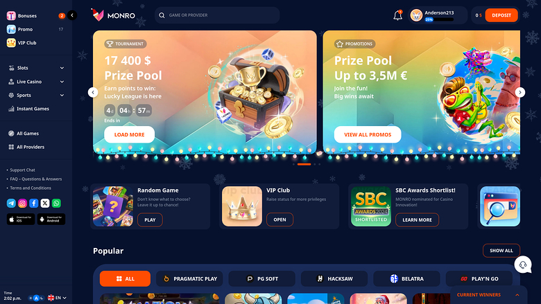 A dark-themed online casino lobby for MONRO showing a tournament and promotions banner, quick-access tiles, and a Popular games row with provider filters.