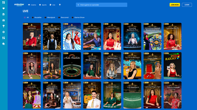 Monster Casino — Live dealer lobby
